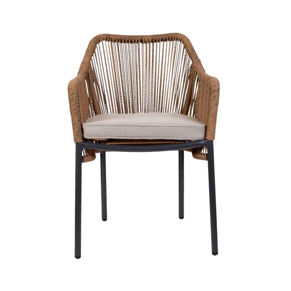 Front of woven rope chair with black legs and beige cushion