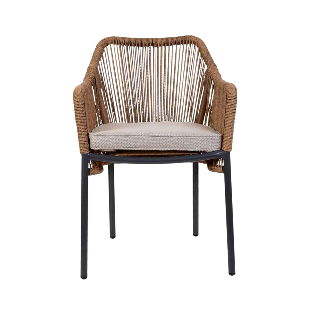 Front of woven rope chair with black legs and beige cushion
