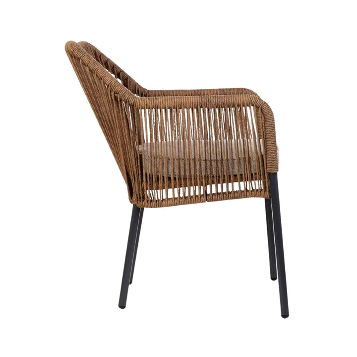 Side view of contemporary dining chair with aluminium frame and natural rope