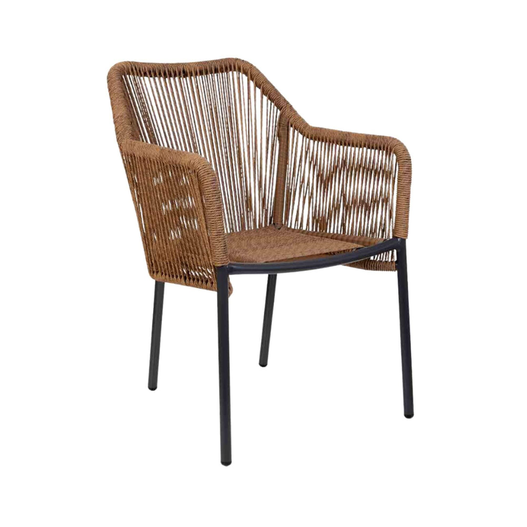Dining chair with woven rope backrest and black metal legs without cushion