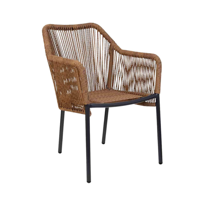 Dining chair with woven rope backrest and black metal legs without cushion