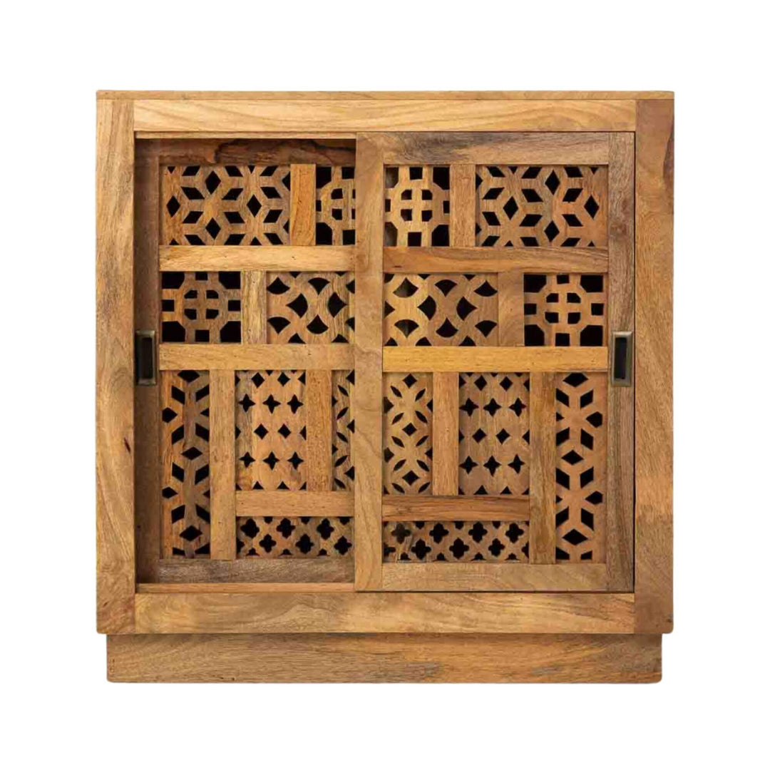 Storage cabinet with geometric patterned doors