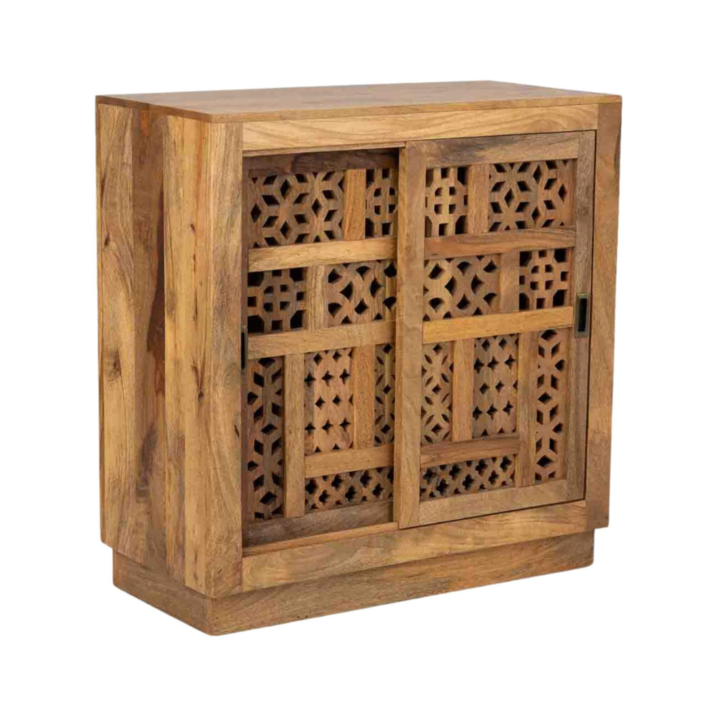 Rustic buffet with detailed wood carving design
