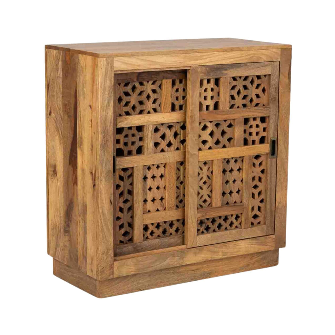 Rustic buffet with detailed wood carving design