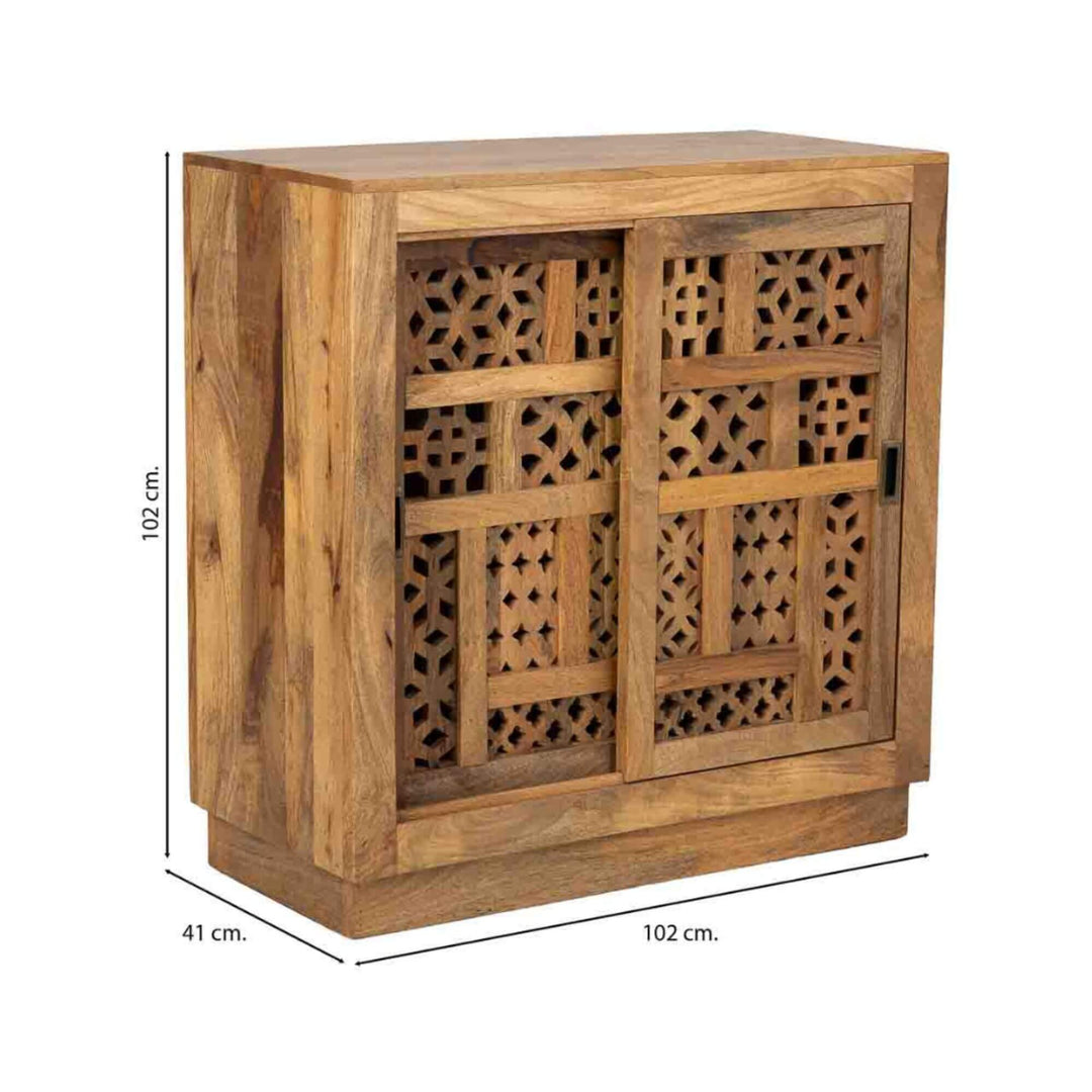 Wooden sideboard with decorative carved panels and its dimensions. 