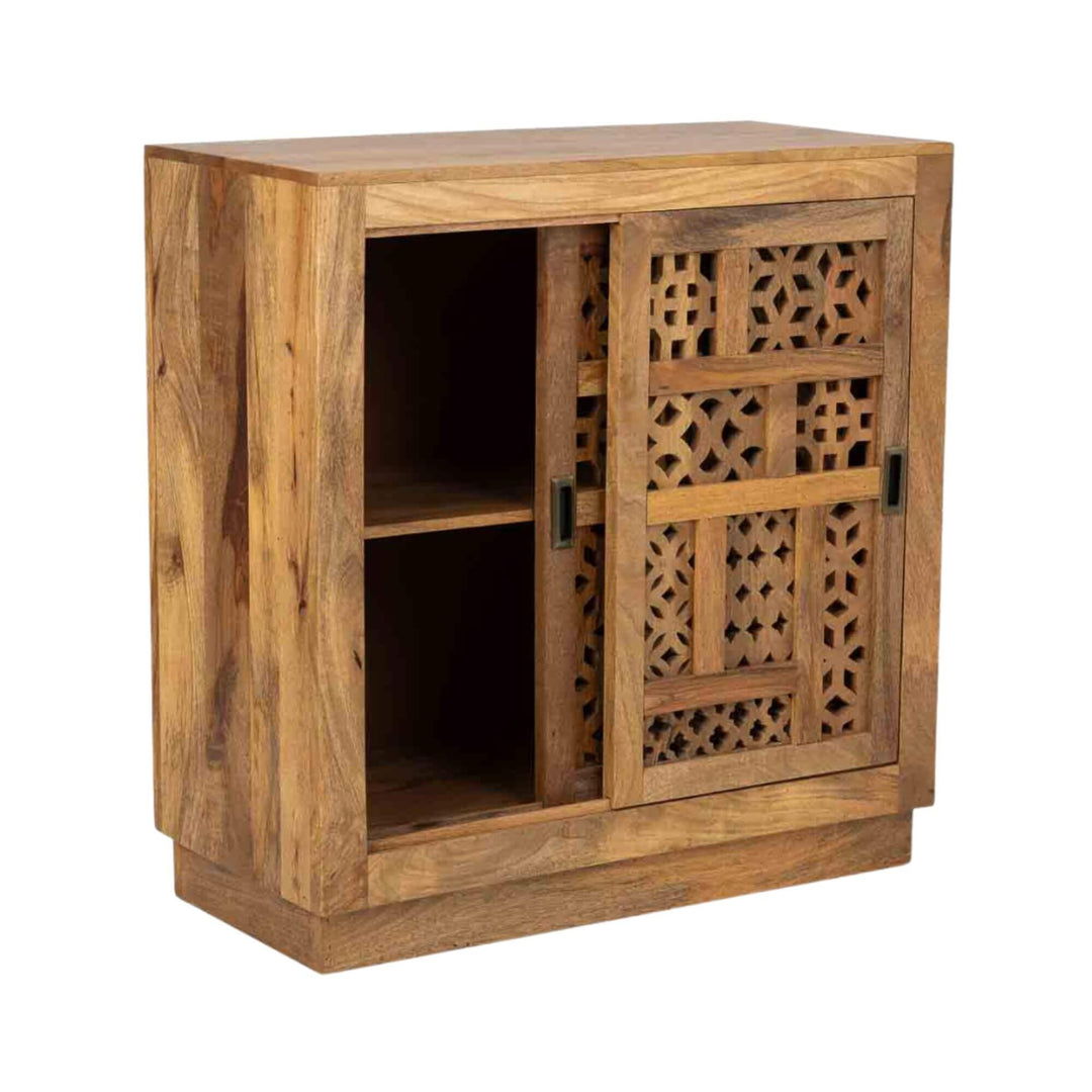 Natural mango wood cabinet with sliding doors