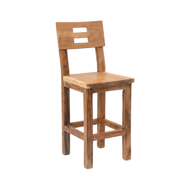 Front view of Krios Teak Bar Stool made from solid teak wood with a straight backrest and clean lines.