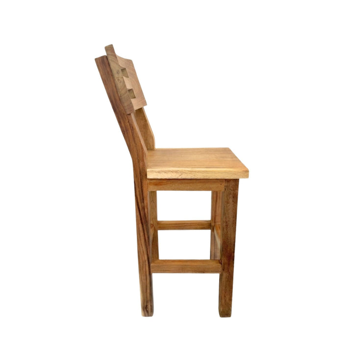 Side view of Krios Teak Bar Stool showing its proportions and supportive backrest.