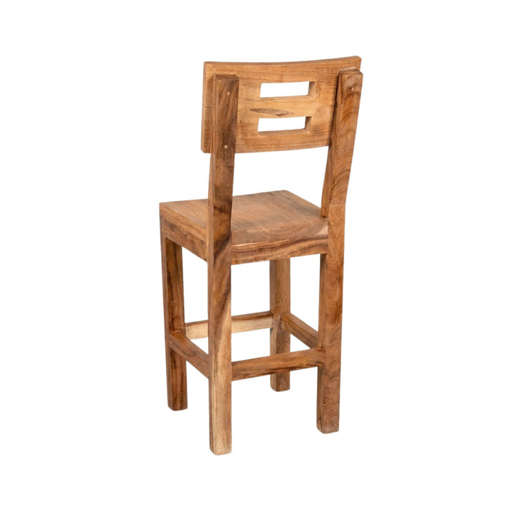 Rear view of Krios Teak Bar Stool showing its proportions and supportive backrest.