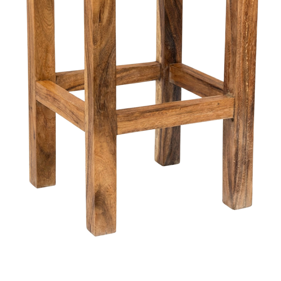 Detail view of Krios Teak Bar Stool legs and footrest structure.