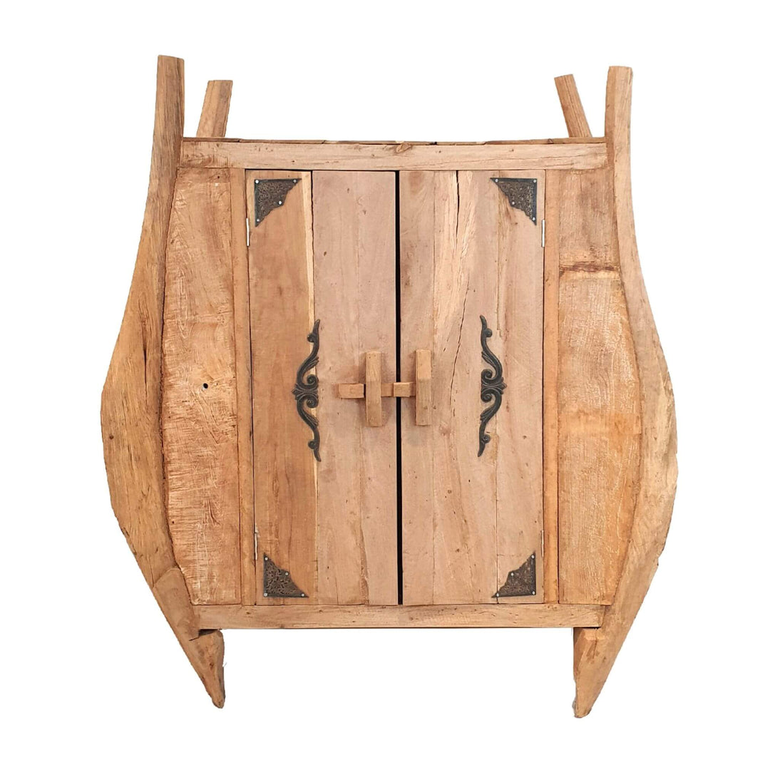 Front view of Kronos carved recycled teak wood cabinet with double doors