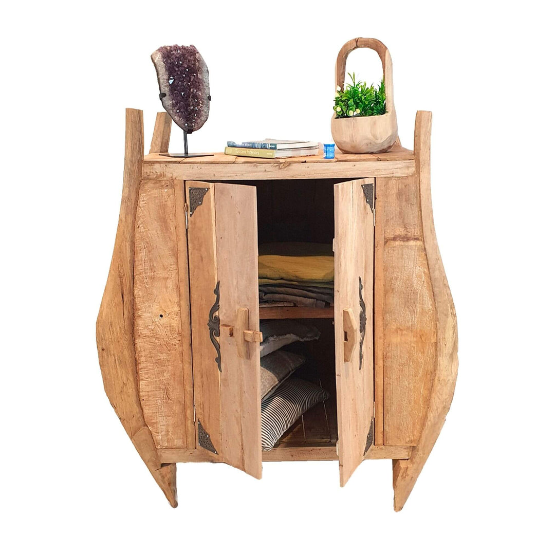 Kronos teak cabinet open, showing interior shelves and sculptural sides