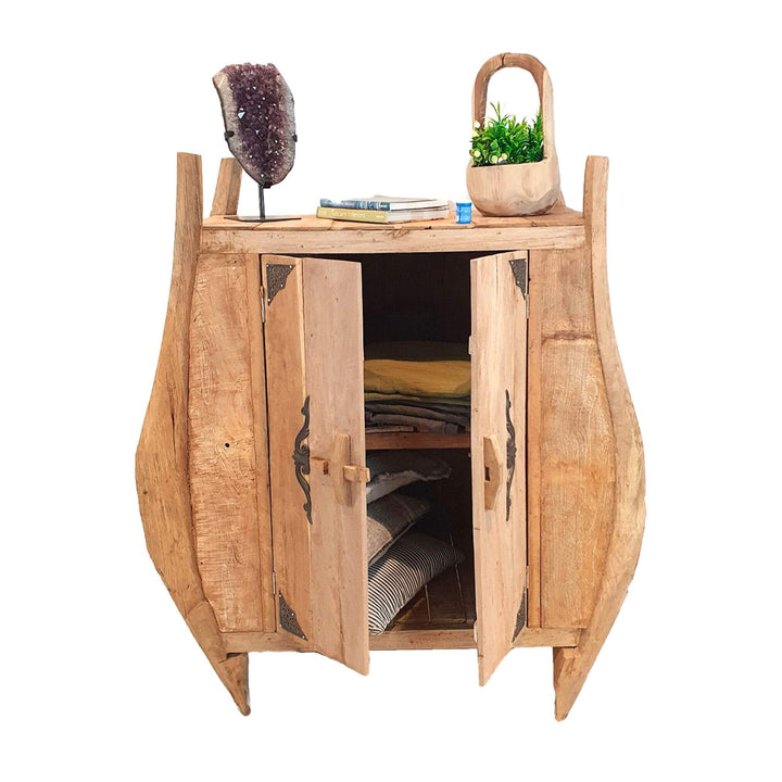 Kronos teak cabinet open, showing interior shelves and sculptural sides