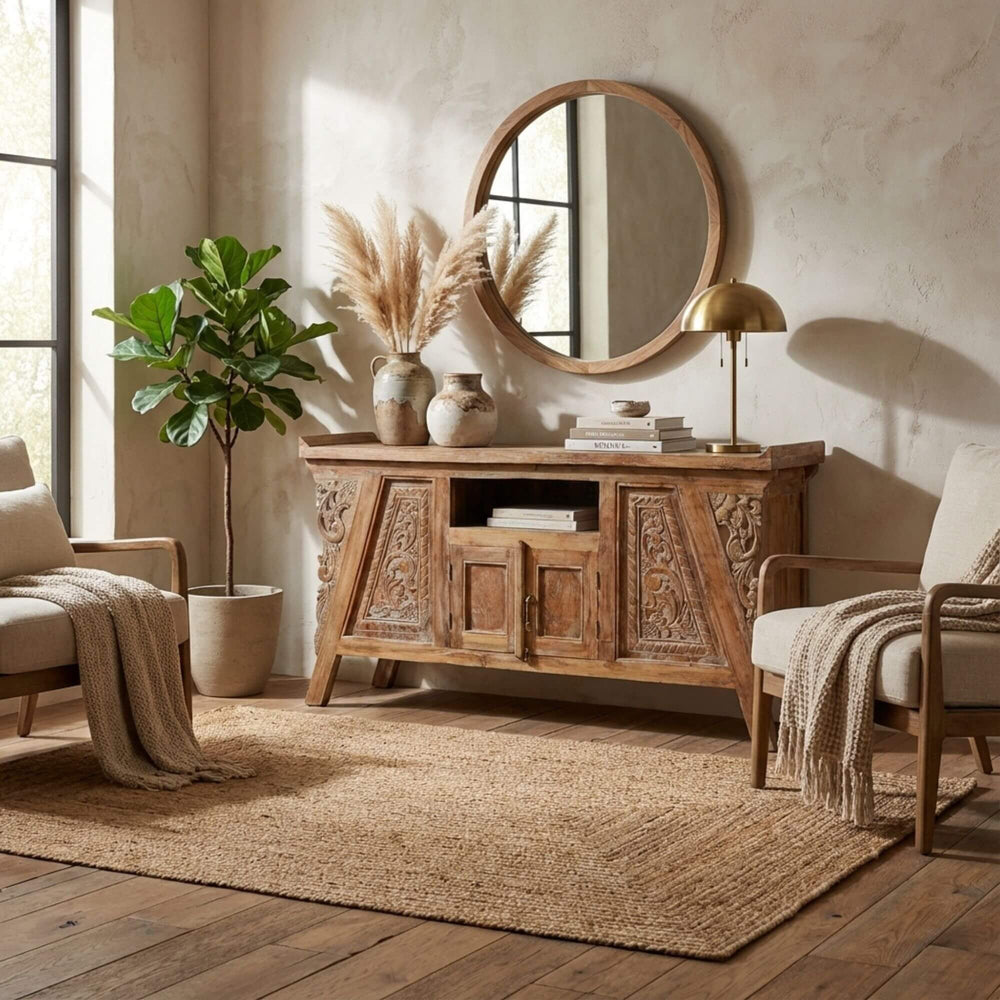 Styled interior scene featuring the Kura Kura buffet beneath a round mirror, showcasing its sculptural design.