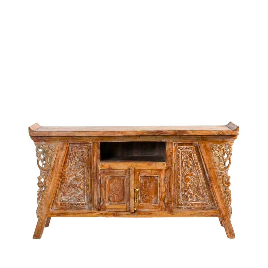 Front view of Kura Kura Carved Teak Wood Buffet highlighting its ornate hand-carved panels and central storage.