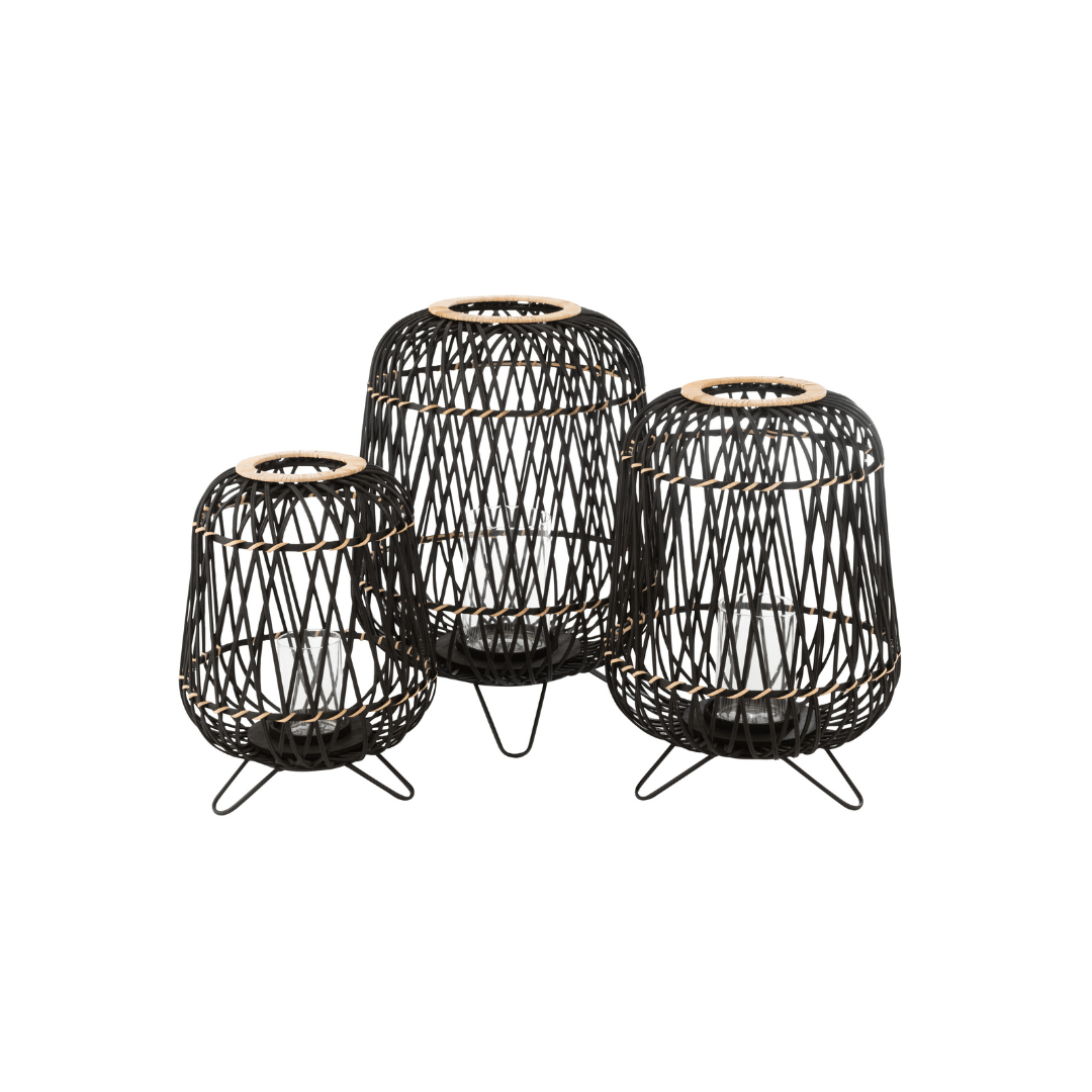 Set of three Kuredu bamboo and iron lanterns in different sizes