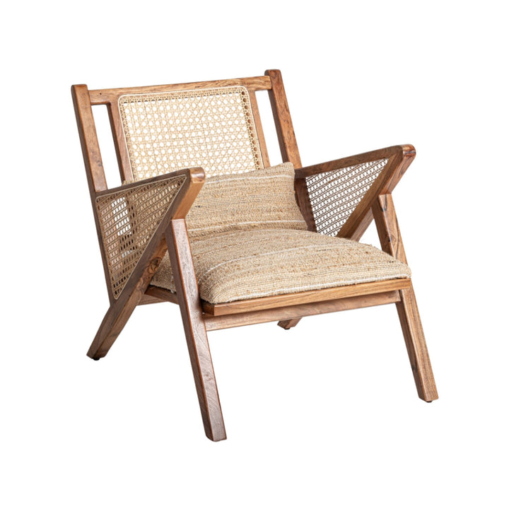 Angled view of lounge chair with natural materials and textures