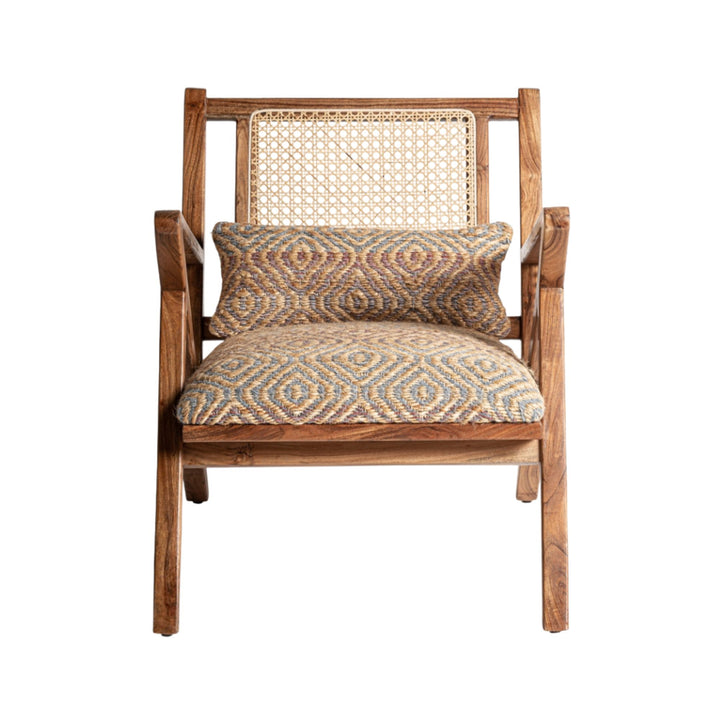 Front view of wooden armchair with rattan panels and neutral cushion