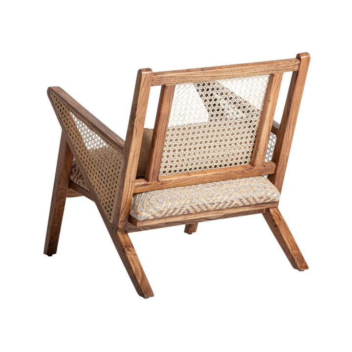 Back view of natural lounge chair with cotton and jute patterned seat