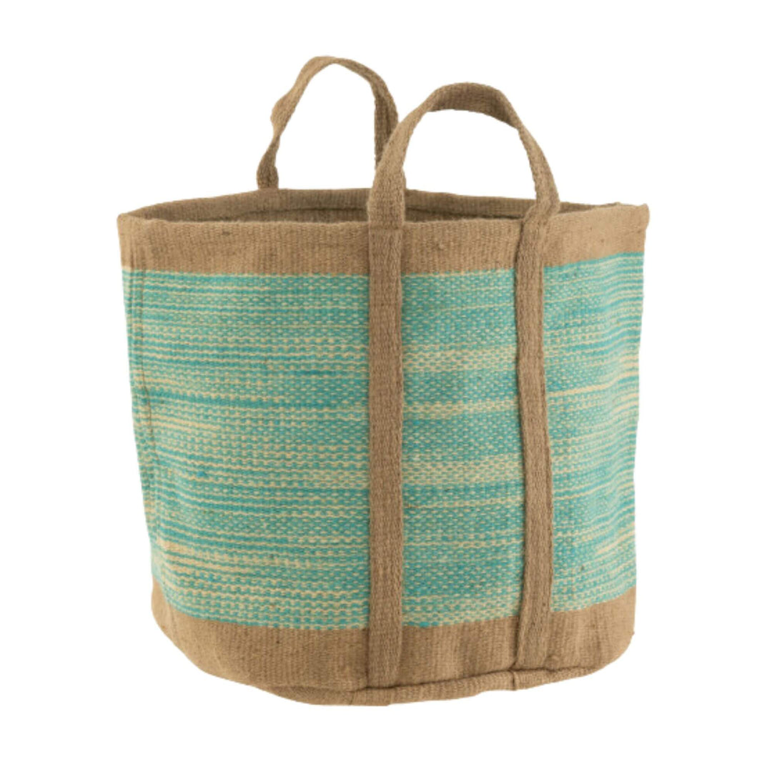 Kuta Jute Basket in blue with natural jute handles and turquoise striped design.