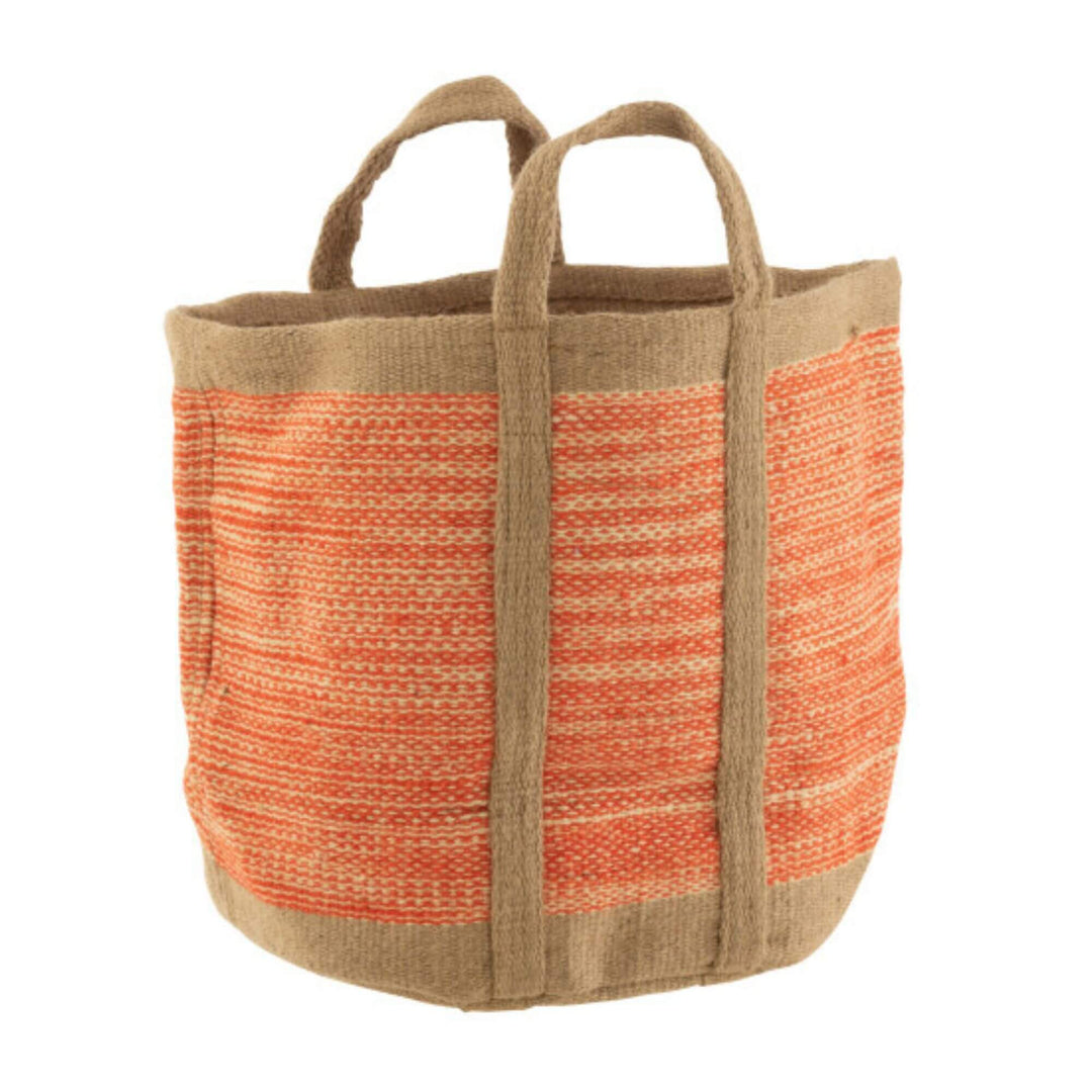 Kuta Jute Basket in orange with natural jute handles and striped design.