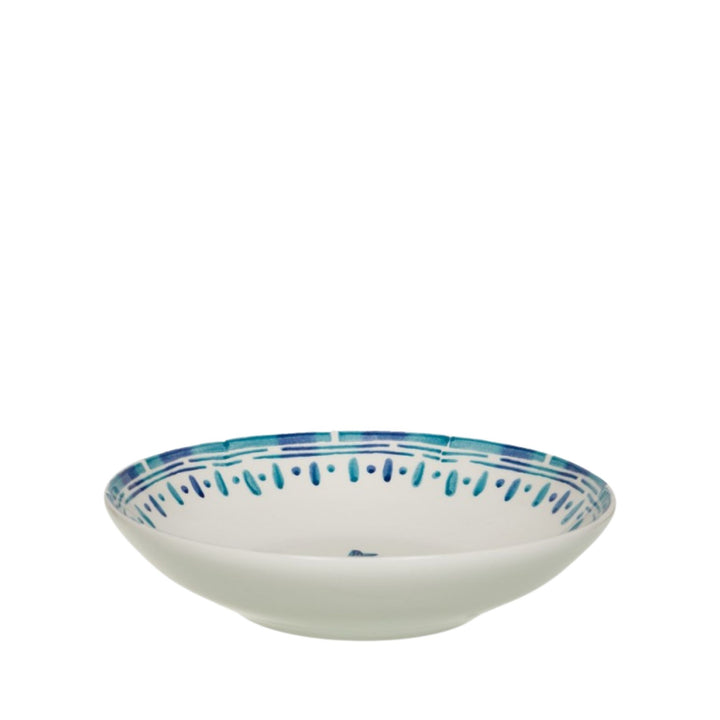 Side view of the Kyanos ceramic bowl with hand-painted blue detailing around the rim
