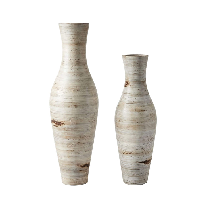 Front view of Labra terracotta pots in two sizes showing their tall sculptural shape and natural texture.