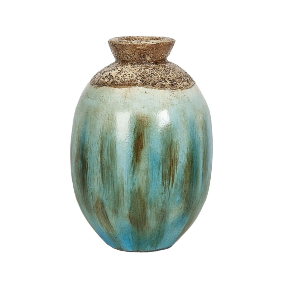 Front view of the Lake terracotta vase with rounded shape and blue-green glazed surface.