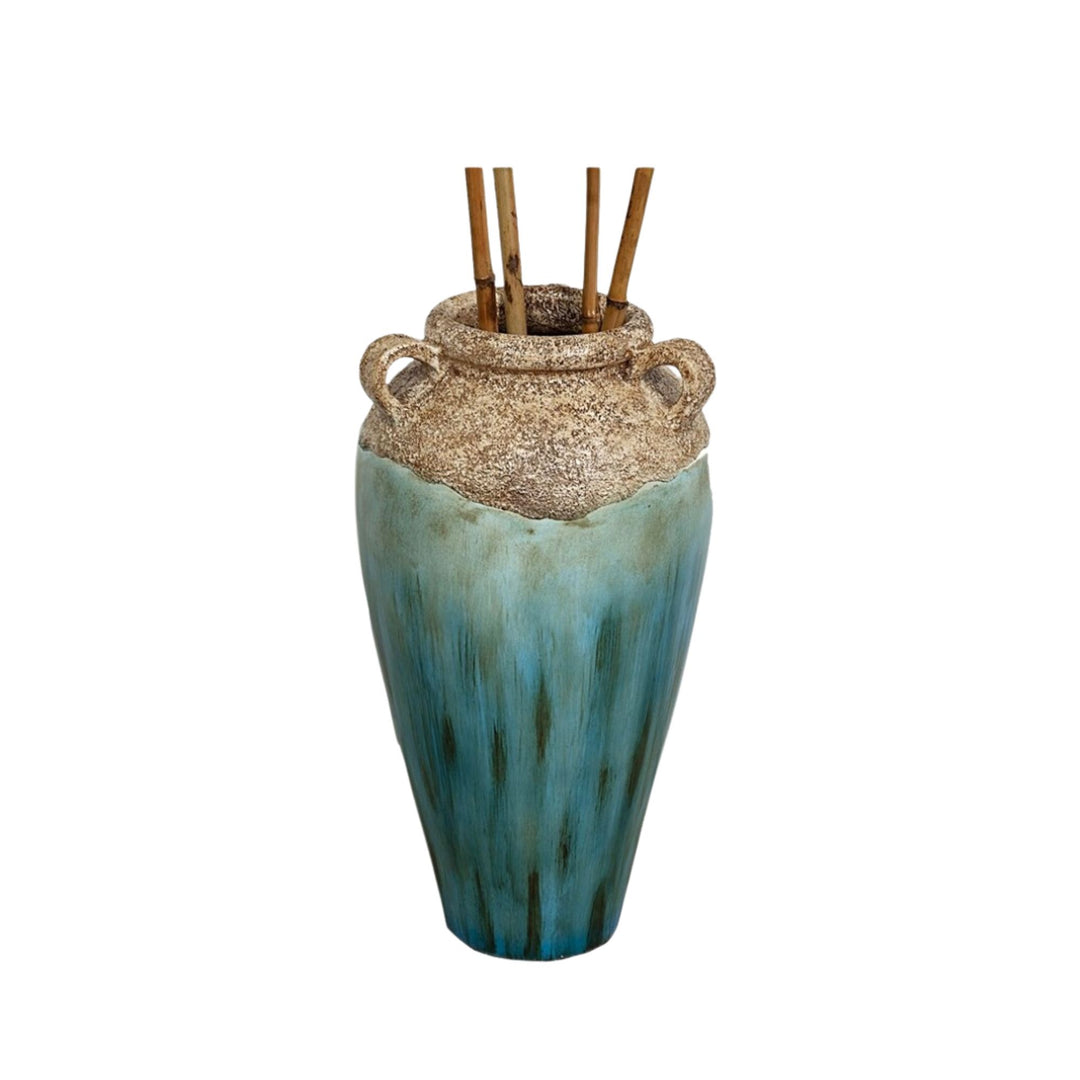 Front view of the Lake terracotta vase featuring a tall shape with blue-green glazed finish.