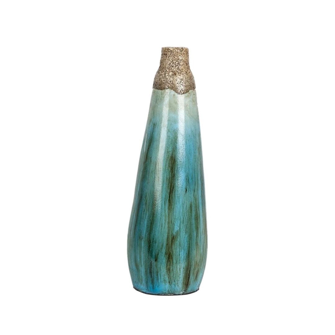 Front view of the Lake terracotta vase with a tall, slim shape and blue-green glazed finish.