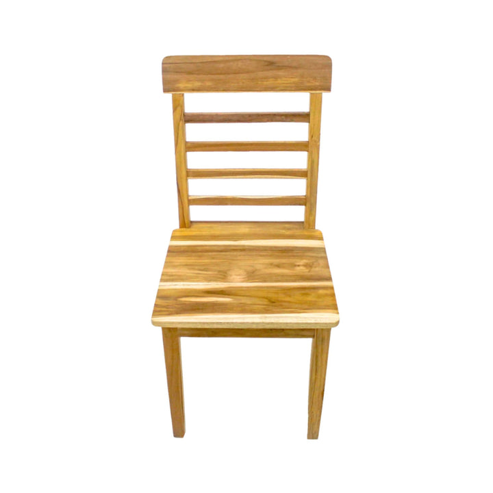 Front view of solid teak dining chair with ladder back design
