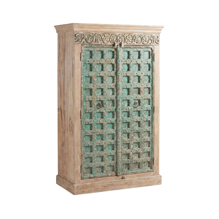 Front angled view of the Lakshimi wardrobe in sheesham wood with distressed turquoise carved double doors
