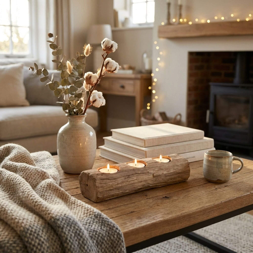 Styled living room setting featuring the Lami teak candle placed on a wooden coffee table with soft decor.