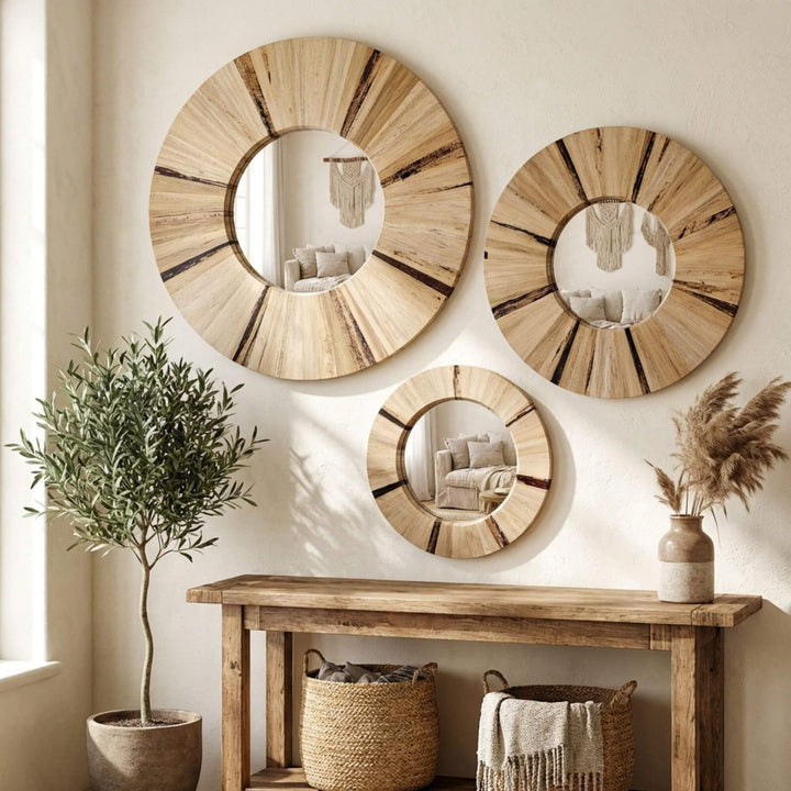 Three round wooden Lanikai banana round mirrors on a wall above a wooden console table with decorative items.