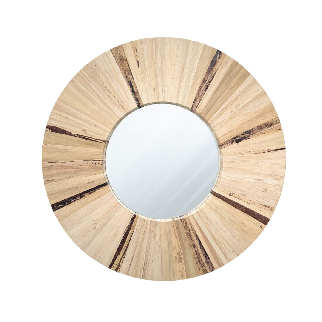 Small Lanikai Banana Round Mirror with natural finish and round glass center