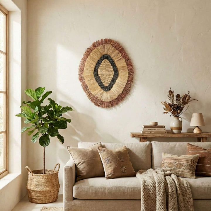 Cozy living room with a beige sofa, decorative pillows, and a woven Laras wall hanging.