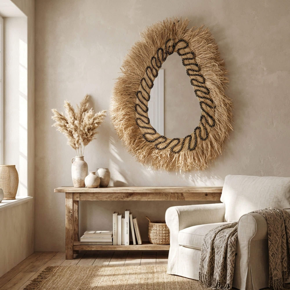 Living room with a decorative Lautan mirror, books, and a vase on a wooden console table.