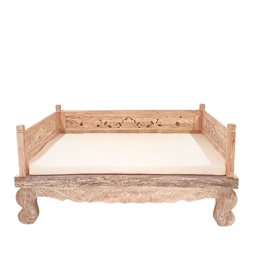 Front view of Lavinia Indonesian Carved Teak Wood Daybed highlighting its ornate carved backrest and solid teak frame.