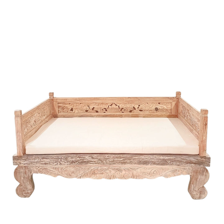 Front view of Lavinia Indonesian Carved Teak Wood Daybed highlighting its ornate carved backrest and solid teak frame.