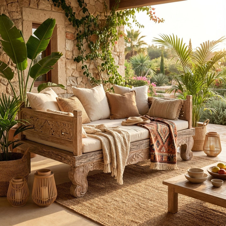 Styled terrace setting featuring the Lavinia daybed with cushions, showcasing its generous size and artisanal design.