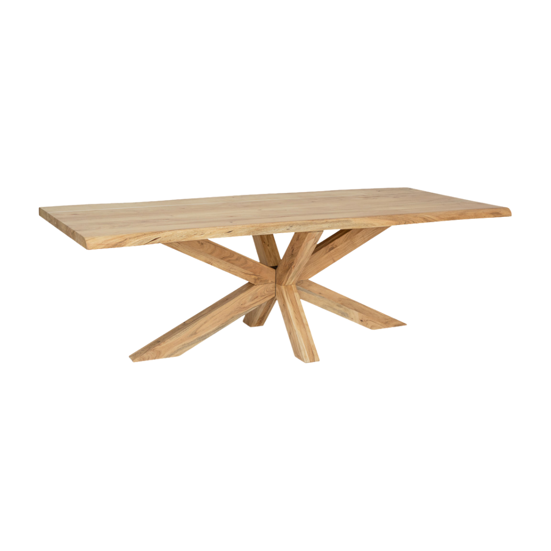 Lea Dining Table in solid acacia wood with geometric base – front angle view.