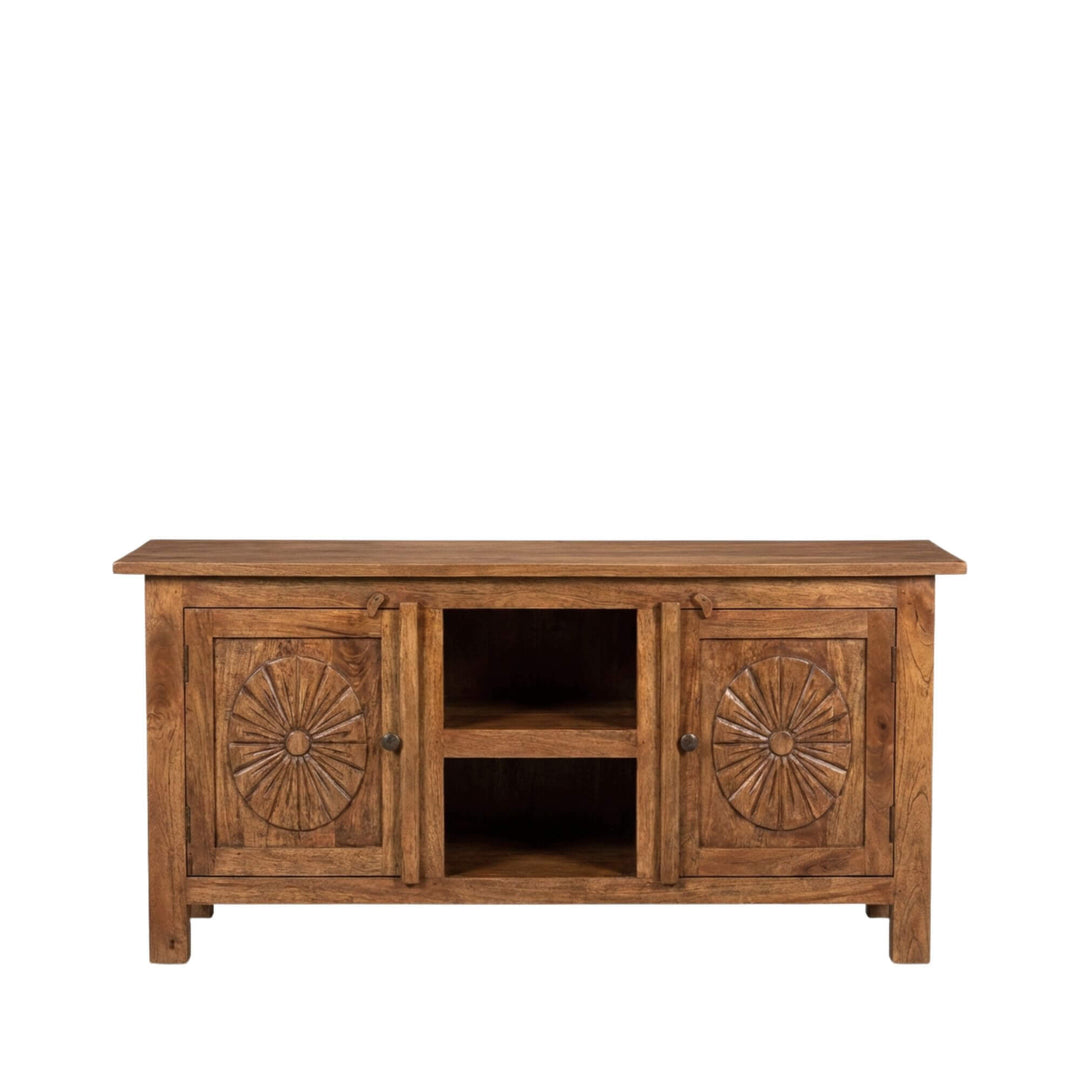 Front view of the Legia buffet showcasing its carved teak wood doors and central open shelving.