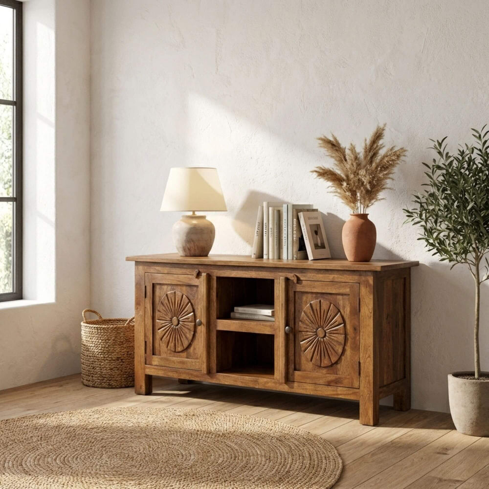 Styled interior setting featuring the Legia buffet as a functional storage centerpiece.