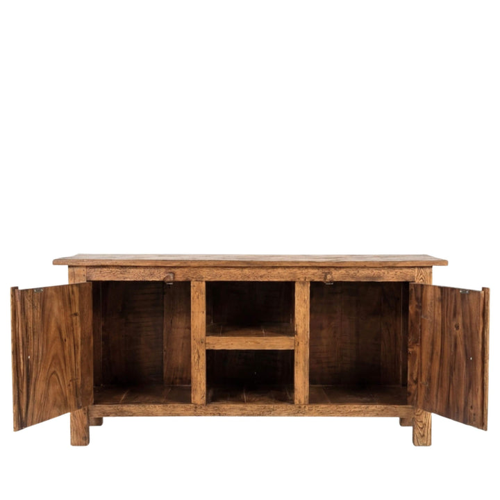 Front view of the Legia buffet showcasing its carved teak wood doors and central open shelving.