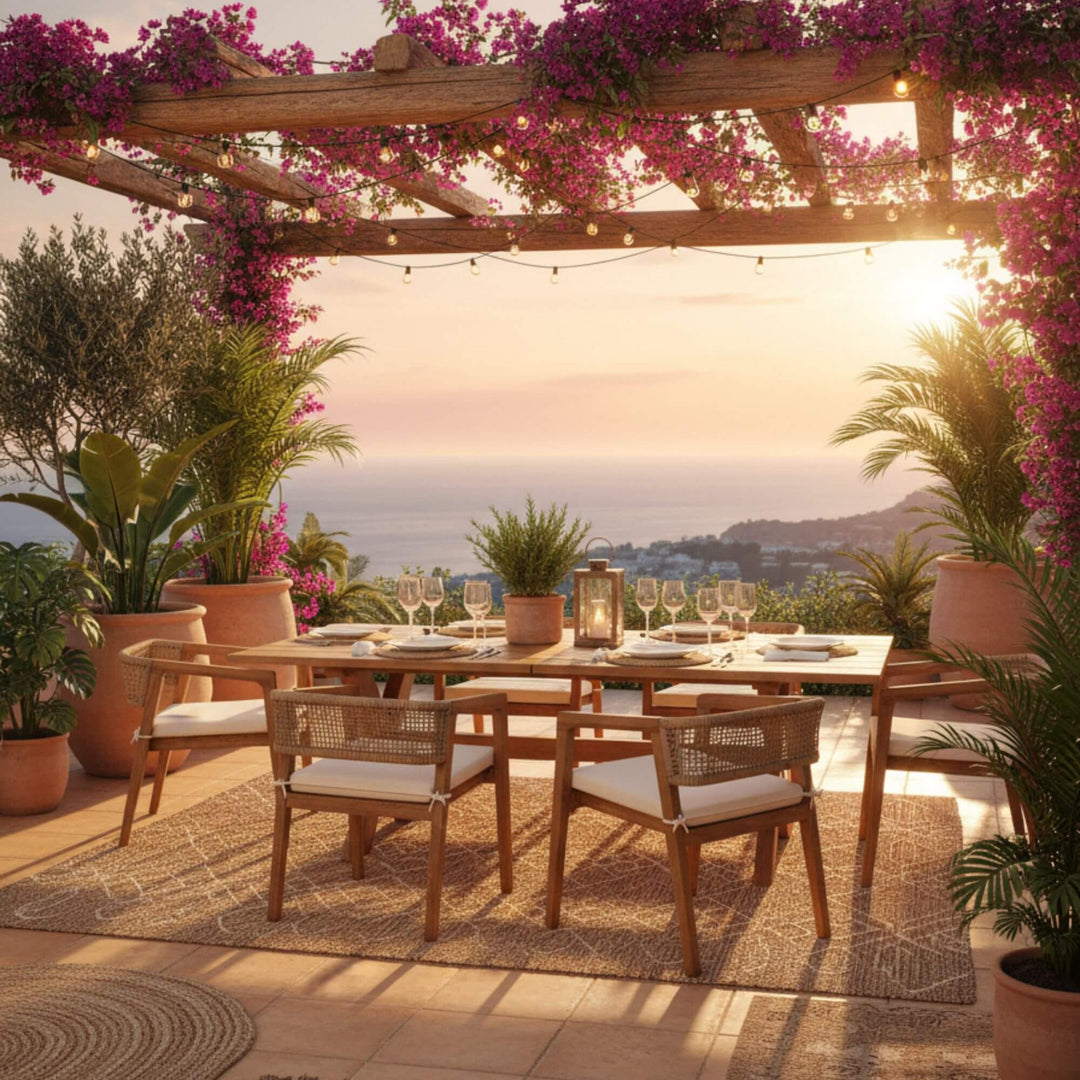 Leira dining chair in cozy outdoor setting with a teak outdoor dining table