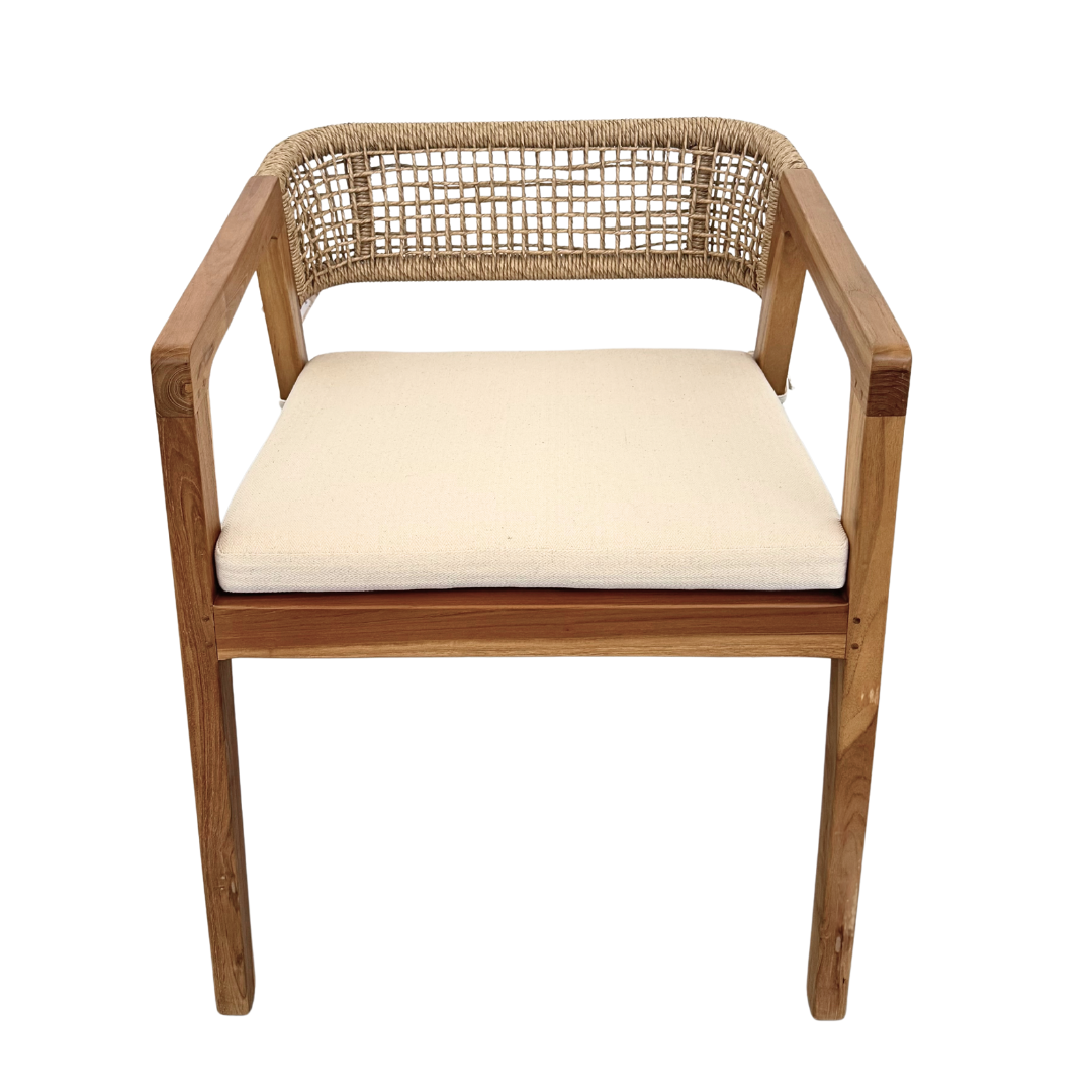 Leira Dining Chair front view showcasing teak frame and woven backrest.