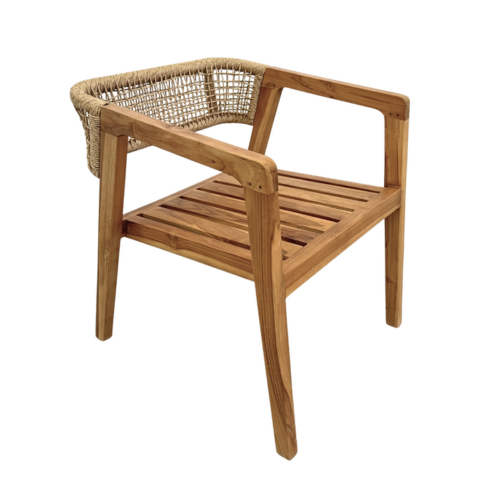 Leira Dining Chair angled side-front view with teak and beige cushion.