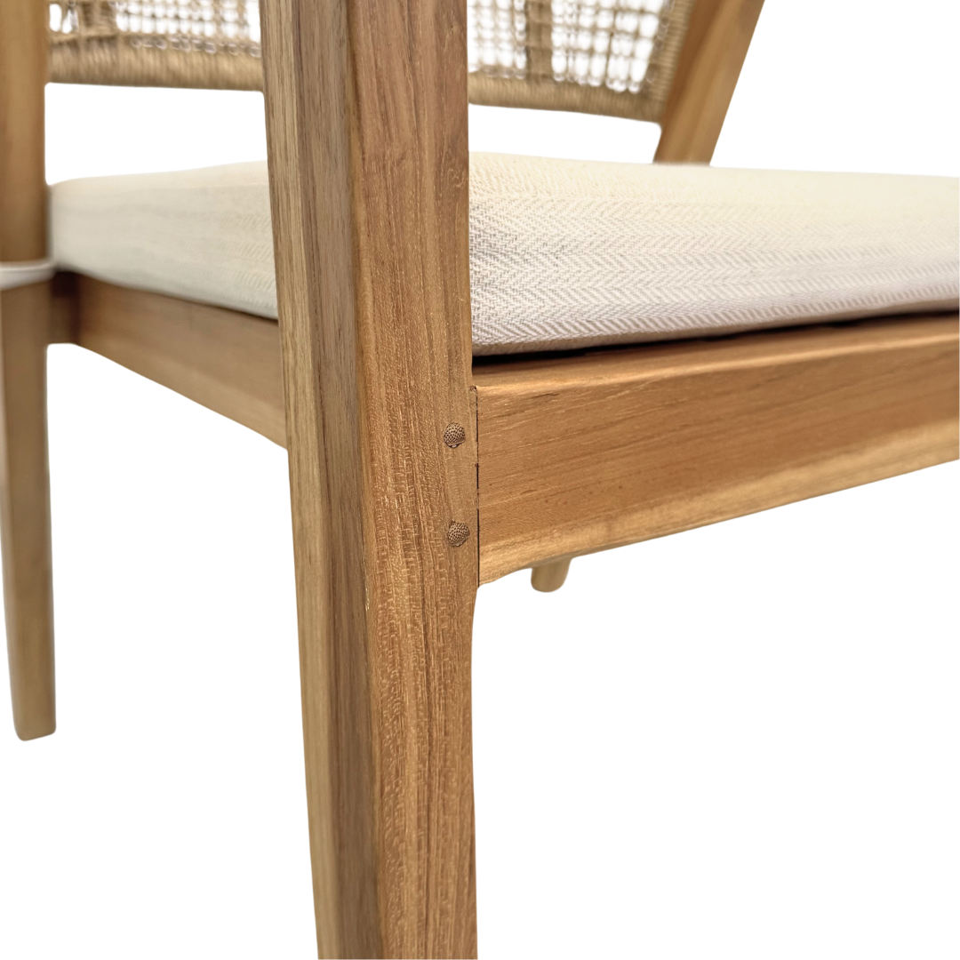 Close-up of Leira Dining Chair teak leg and frame joint.