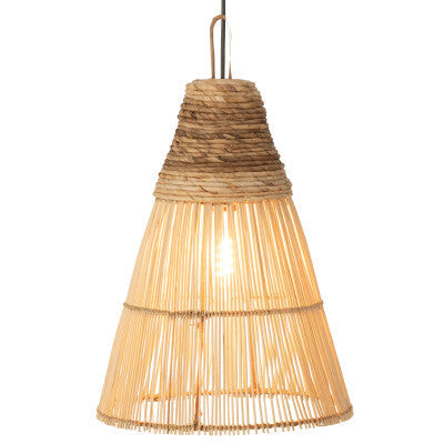 Lit Liba rattan lamp hanging from ceiling