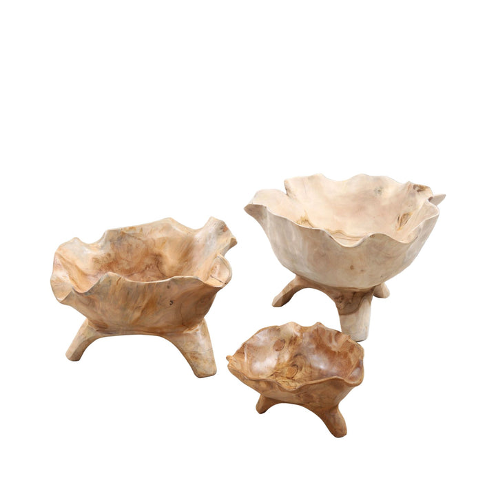 Set of Lily teak pots in different sizes showcasing natural wood variation.